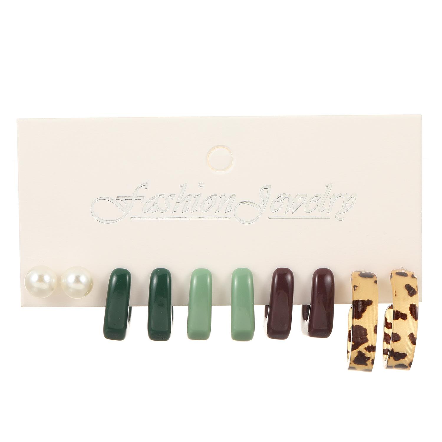 

High quality style new retro square geometric earrings set ins pearl resin leopard print earrings earrings 5-piece set