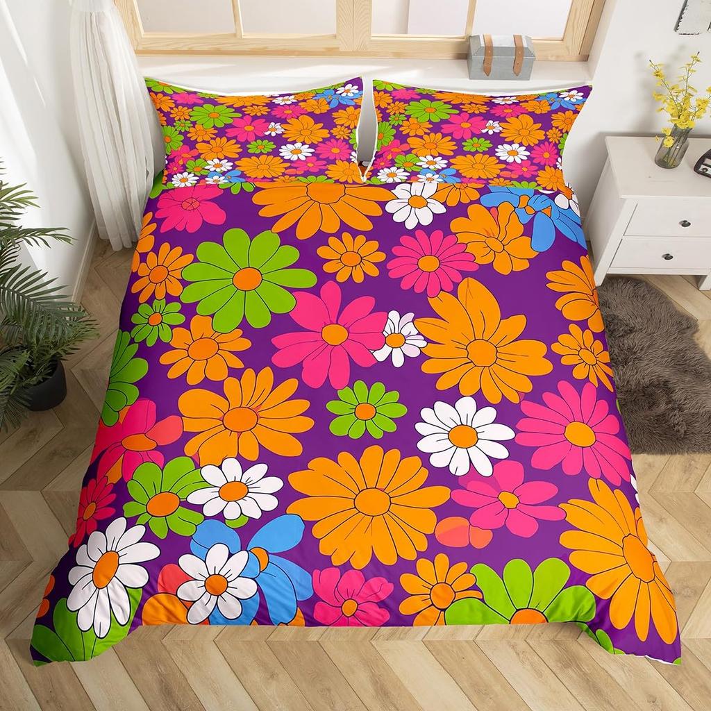 Erosebridal 60S 70S Hippie Duvet Cover Twin Vintage Boho Sun Bedding Set Groovy Flowers Clouds Love Hearts Comforter Cover for Kids Girls Te
