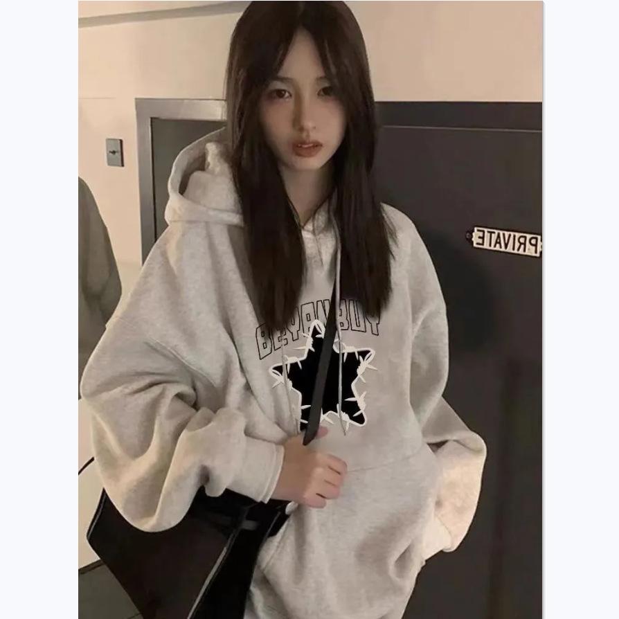 Women's Fleece-Lined Cotton Hooded Sweatshirt - Korean Style Spring/Autumn/Winter Casual Loose Coat for Students and Trendy Men.