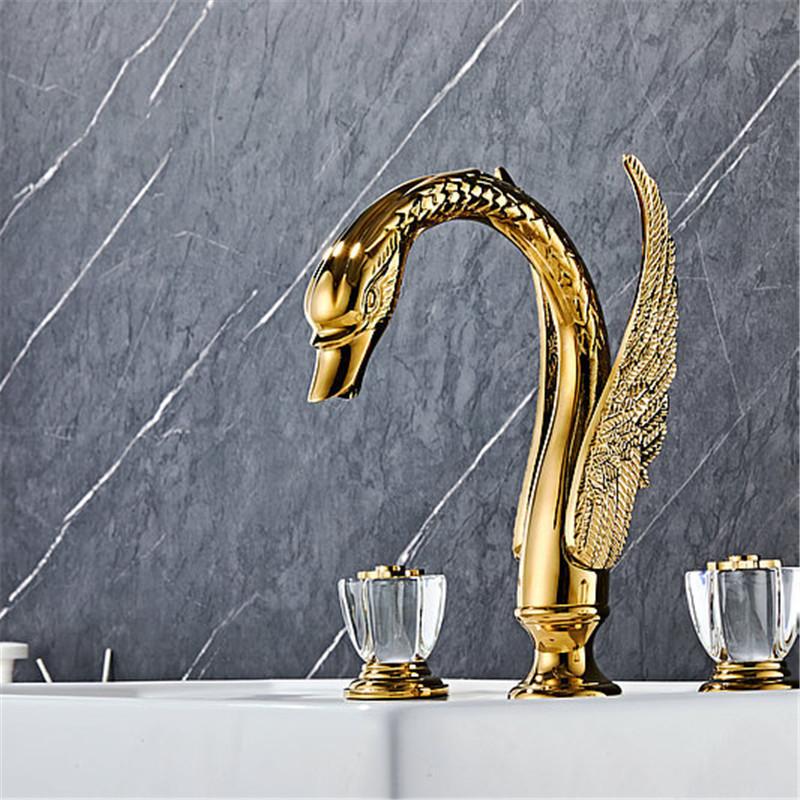 Tuqiu Gold Bathroom Faucet Widespread Brass and Crystal Basin Faucet Tap Luxury Basin Mixer Hot And Cold Shower Room Sink Faucet