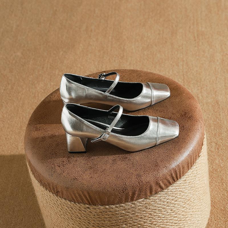 

3337-57 silver square head thick heel single shoes new temperament small fragrant style word with fashion middle heel women s shoes 40 серебряный