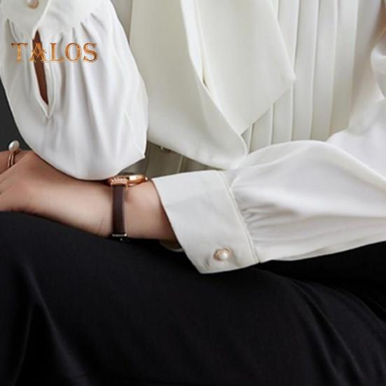 Women Shirt Stand Collar Lace-up Bowknot Long Sleeve Pleated Pullover Tops Solid Color Loose Fit Chiffon Blouse