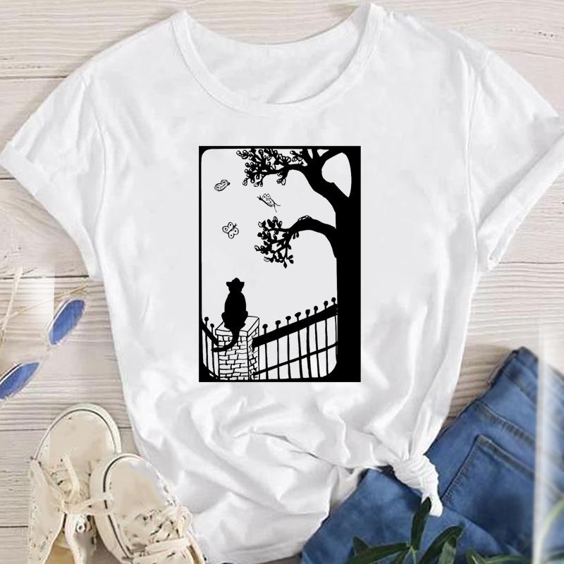 Fashion Cartoon Cat Plant Casual New Lovely Tees Women Short Sleeve Lady Female Graphic Tops Clothes Print Tshirt TShirt