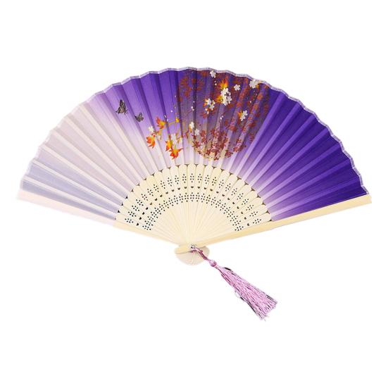 Folding Fan Anti-deform Chinese Style Bamboo Tassel Flower Printed Handheld Fan for Home