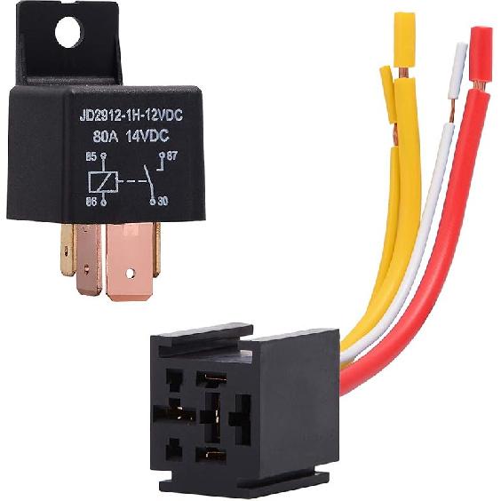 EHDIS 4-Pin Car Truck Motor Heavy Duty 80A 12V On/Off Normally Open SPST Relay Socket Plug With Harness - 4 Wire Automotive Model JD2912-1H-12VDC 80A
