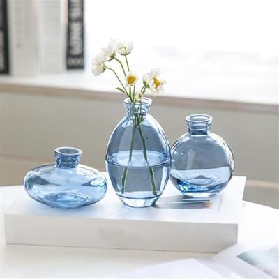 Kleine Glasvase, Transparent Kreative Hydroponik-Trockenblumen-Vase, Buntes Dreiteiliges Set Dekorative Ornamente Blau