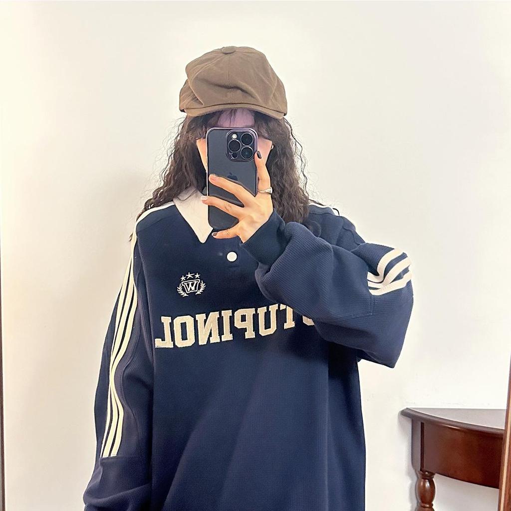2025 Spring/Autumn American Retro Trend Japanese-Style Straight Shoulder Polo Collar Long Sleeve Sweatshirt