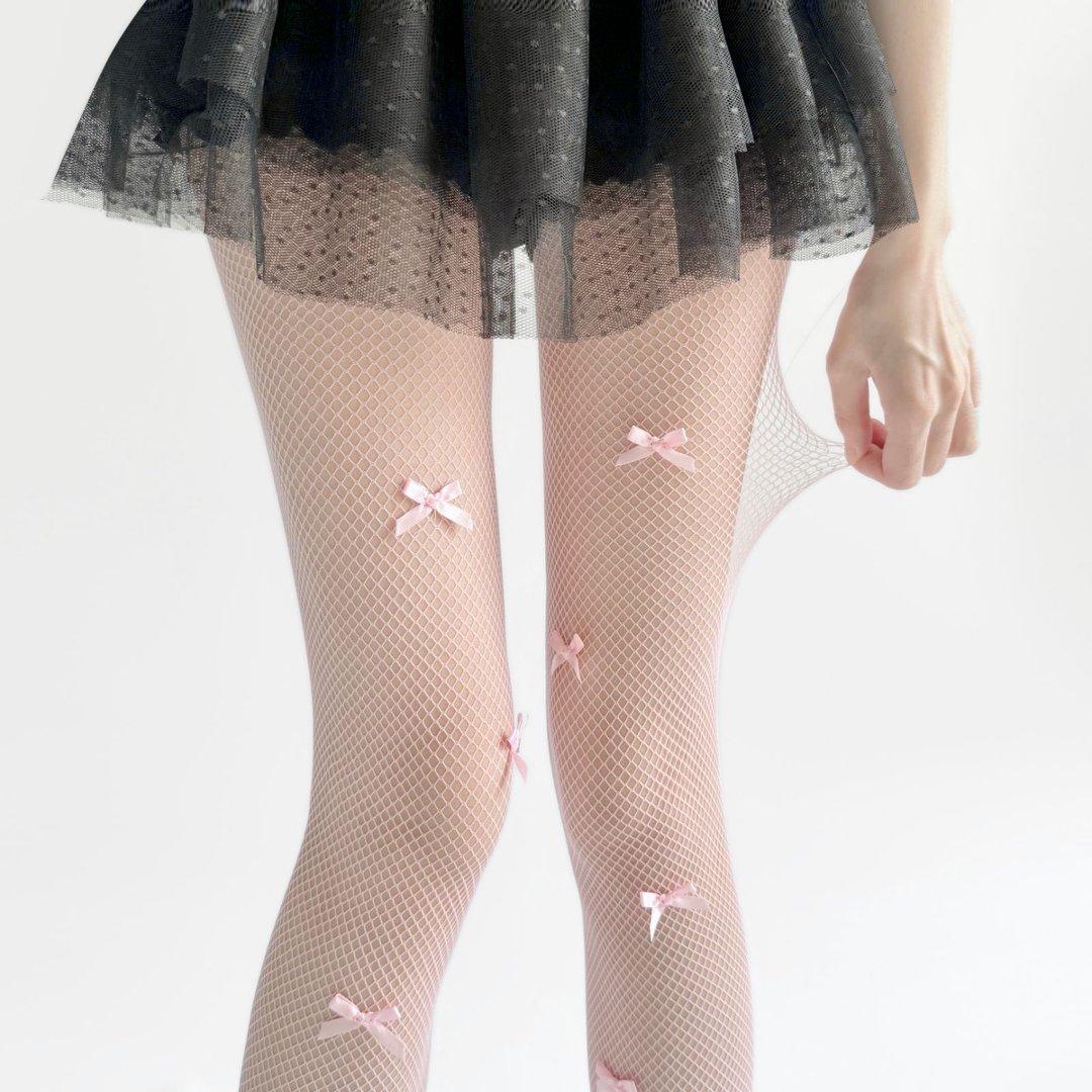 Neue Kawaii Gothic Durchbruch Netzstrumpfhose Lolita Schleife Fischgrätstrümpfe Damen Spicy Girls Schwarz Weiß Sexy Dünn Ins Strumpfhose One Size gray