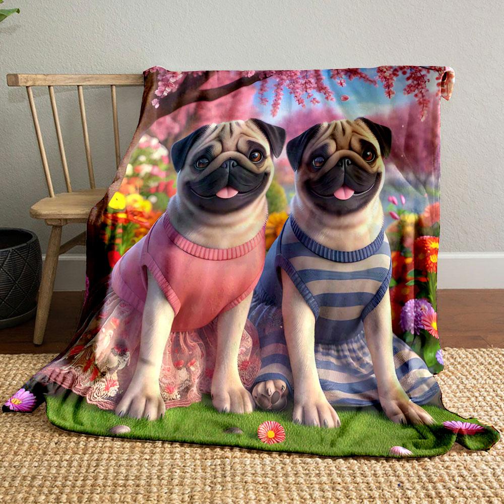 Pugs In Pink and Blue Dresses Print Blanket Soft and Cozy Perfect for the Living Room Bed Sofa or a Nap,gift