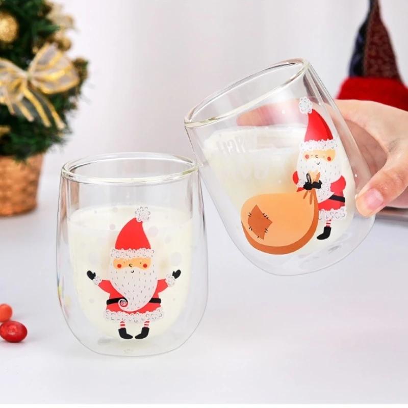 Weihnachtsglas Tasse Weihnachtsmann Muster Doppelwandige Kaffeetasse Frühstückswasserbecher für Kinder Zuhause/Büro Trinkgeschirr Weihnachtsgeschenke