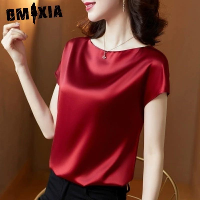 GMXIA Women's Fashion Casual Solid Color Print Short Sleeve O Neck Blouses & Shirts