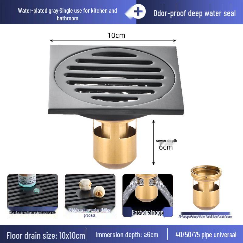 Gunmetal Gray 304 Stainless Steel Odor-Resistant Floor Drain with Copper Core for Shower & Washing Machine.