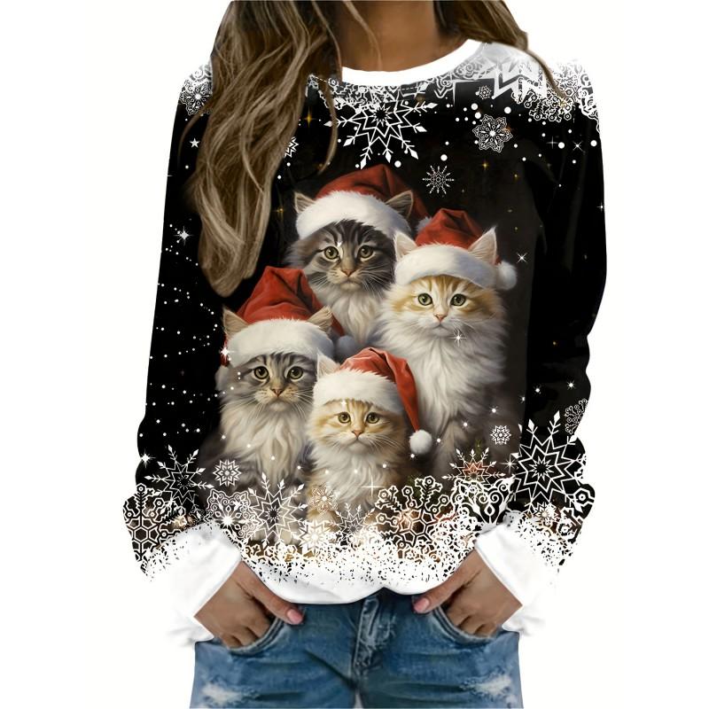 Womens Round Neck Pullover Sweatshirt With 3D Christmas Tree Print Casual Comfort Fit 2025