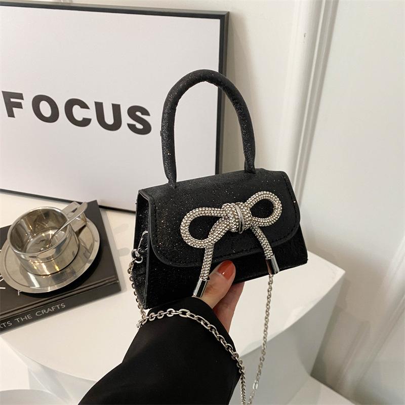 

New chain crossbody shoulder sequined women s bag texture solid color bow mini handbag чёрный