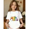 European Sizes Whimsical and Cute Colorful Kitten Print Pattern. Girls' Short-sleeve Round-neck T-shirt, Available In Black and White, Regular Fit