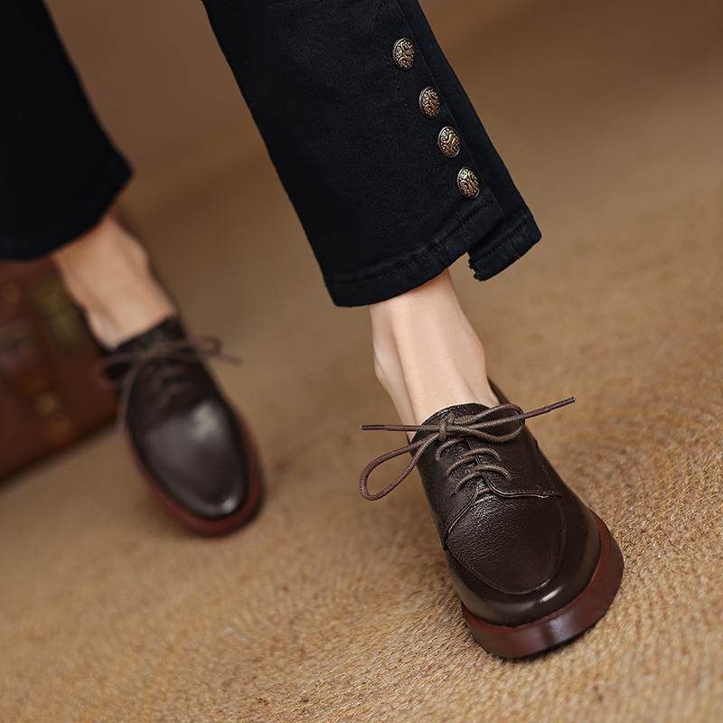 Krazing Pot Sheepskin Autumn Winter Shoes Chunky Heels Size 43 Size 42 Round Toe Lace Up Deep Mouth Retro Fashion Pumps