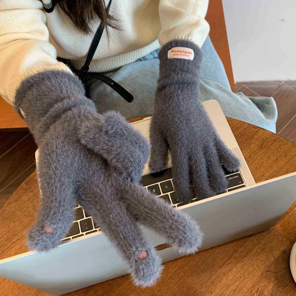 Soft waxy plush knitted gloves high-end ins warm dew fingers cold-proof five-finger gloves versatile
