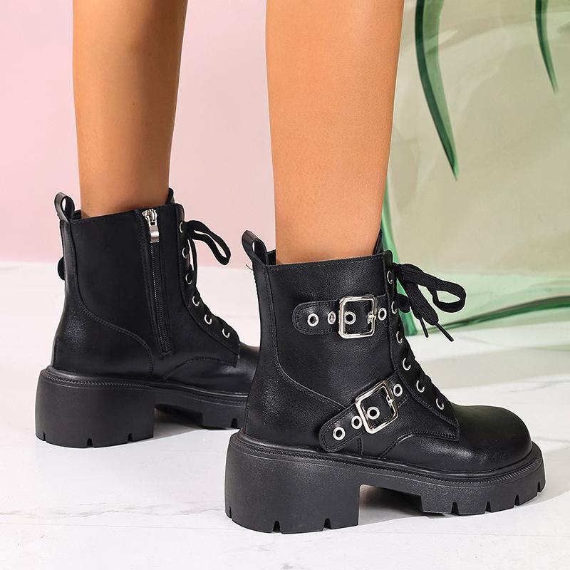 Fashion Women's Chunky Heel Combat Boots Black PU Leather Platform Ankle Boots for Women Fashion Buckle Strap Lace Up Motorcycle Booties