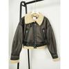 Winter Women's Street Wear Sheepskin Fur Bomber Jacket with Belt Motorcycle Thick Warm Sheepskin Overcoat Jacket