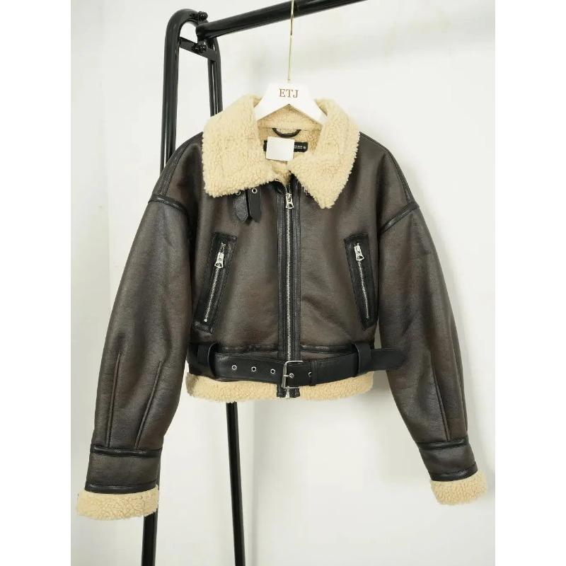 Winter Women's Street Wear Sheepskin Fur Bomber Jacket with Belt Motorcycle Thick Warm Sheepskin Overcoat Jacket
