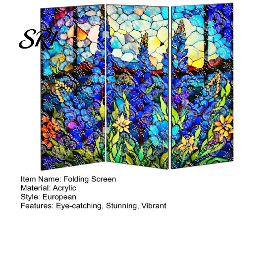 Colorful Folding Screen Mini Decorative Stained Glass Effect 3 Panel Divider Acrylic Desktop Office Desk Decoration Ornament for Home Living