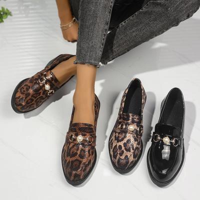 2025 Spring New Leopard Printed Women Loafers Fashion Pearl Decor Thick Heel Ladies Shoes Pu Leather Big Size Office Shoes 36-43