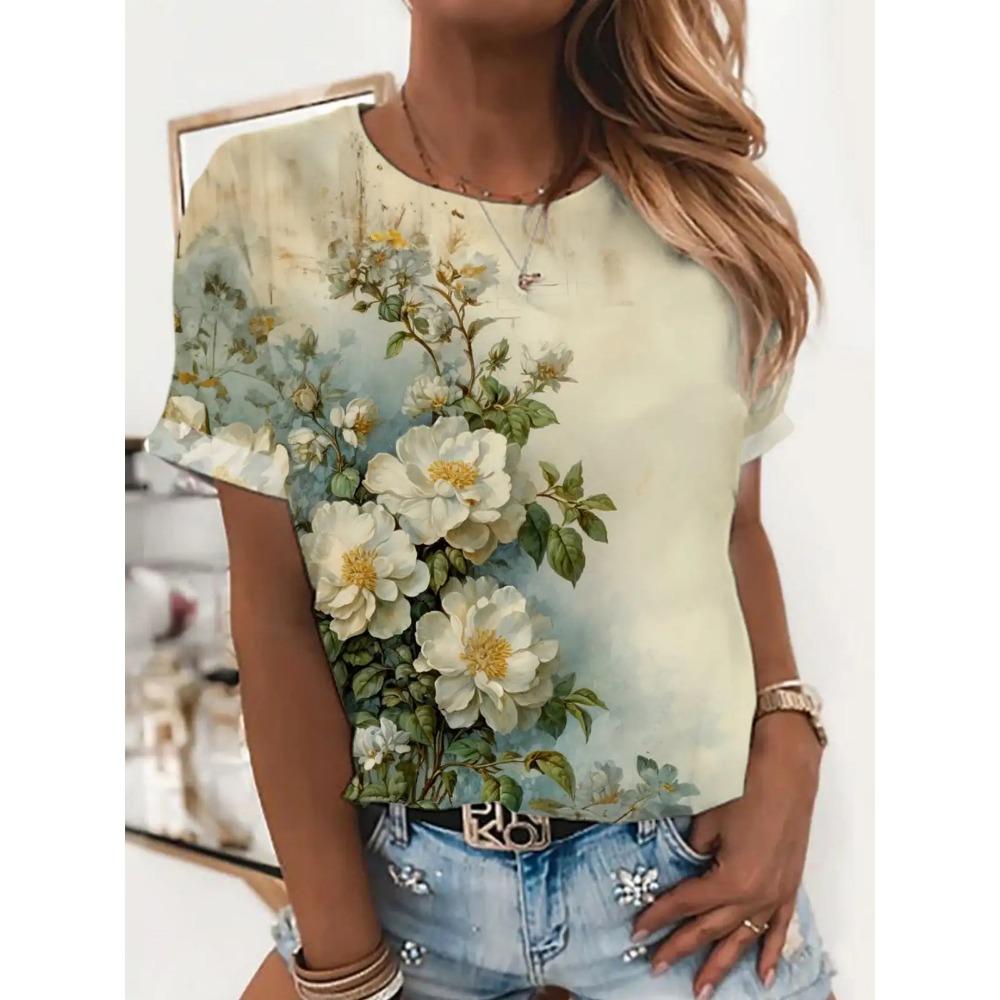 

Y2K Summer Women s Kawaii Flower Print 3D Printed Shirt Fashion Casua Plus Size O-neck Top S