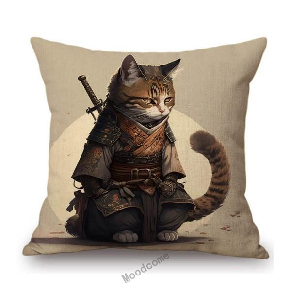 Funny Cute Cat Samurai Catoon Home Decorative Sofa Throw Pillow Case Cotton Linen Car Chair Cushion Cover