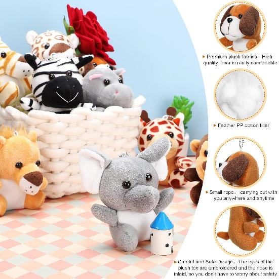 Skylety 12 Pieces Mini Stuffed Animals 4.8 Inch Cute Safari Plush Toys Elephant Lion Giraffe Tiger Puppy Zebra Duck for Jungle Animal Themed Parties