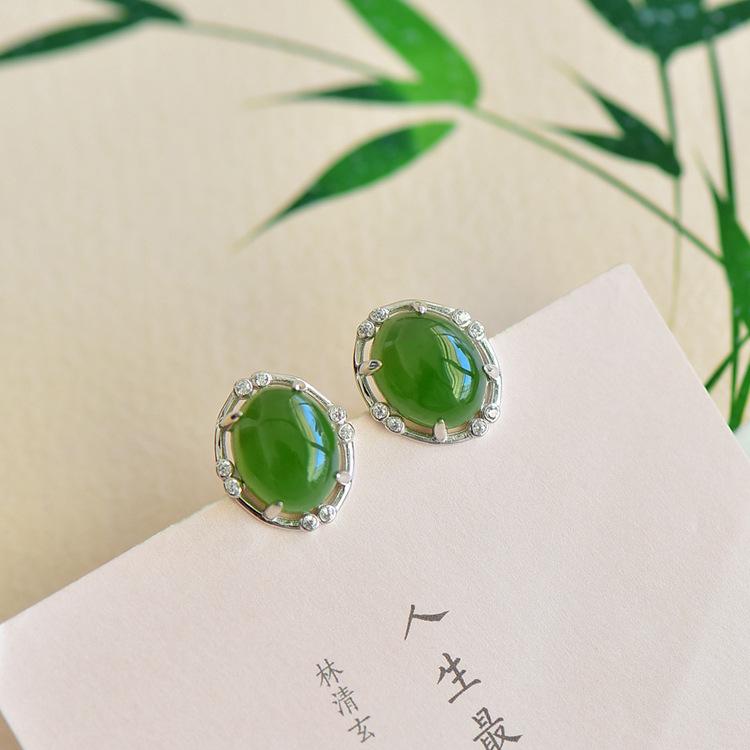 

925 Sterling Silver Hetian Jade Antique-Style Oval Jasper Earrings for Women 925 Silver