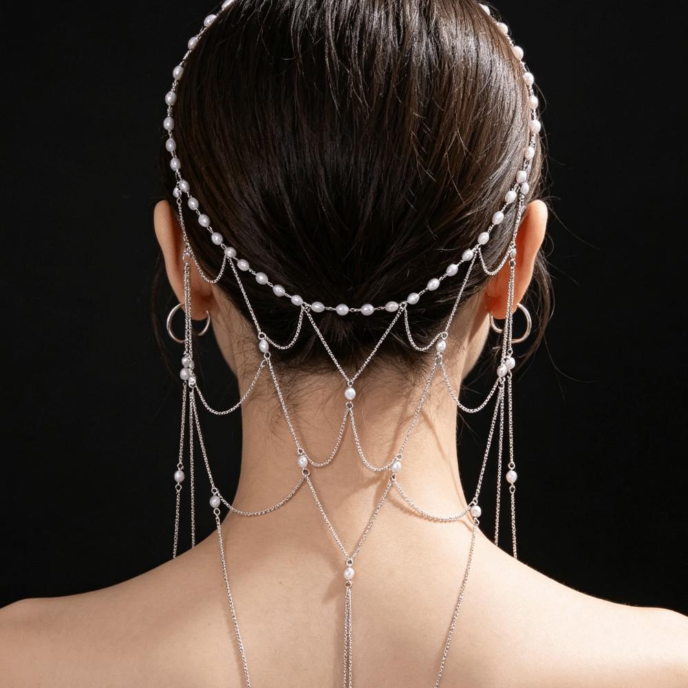 Zircon Pearl Headpiece Hollow Headpiece Tassel Hair Chain High-End Style Bridal Head Chain  Wedding