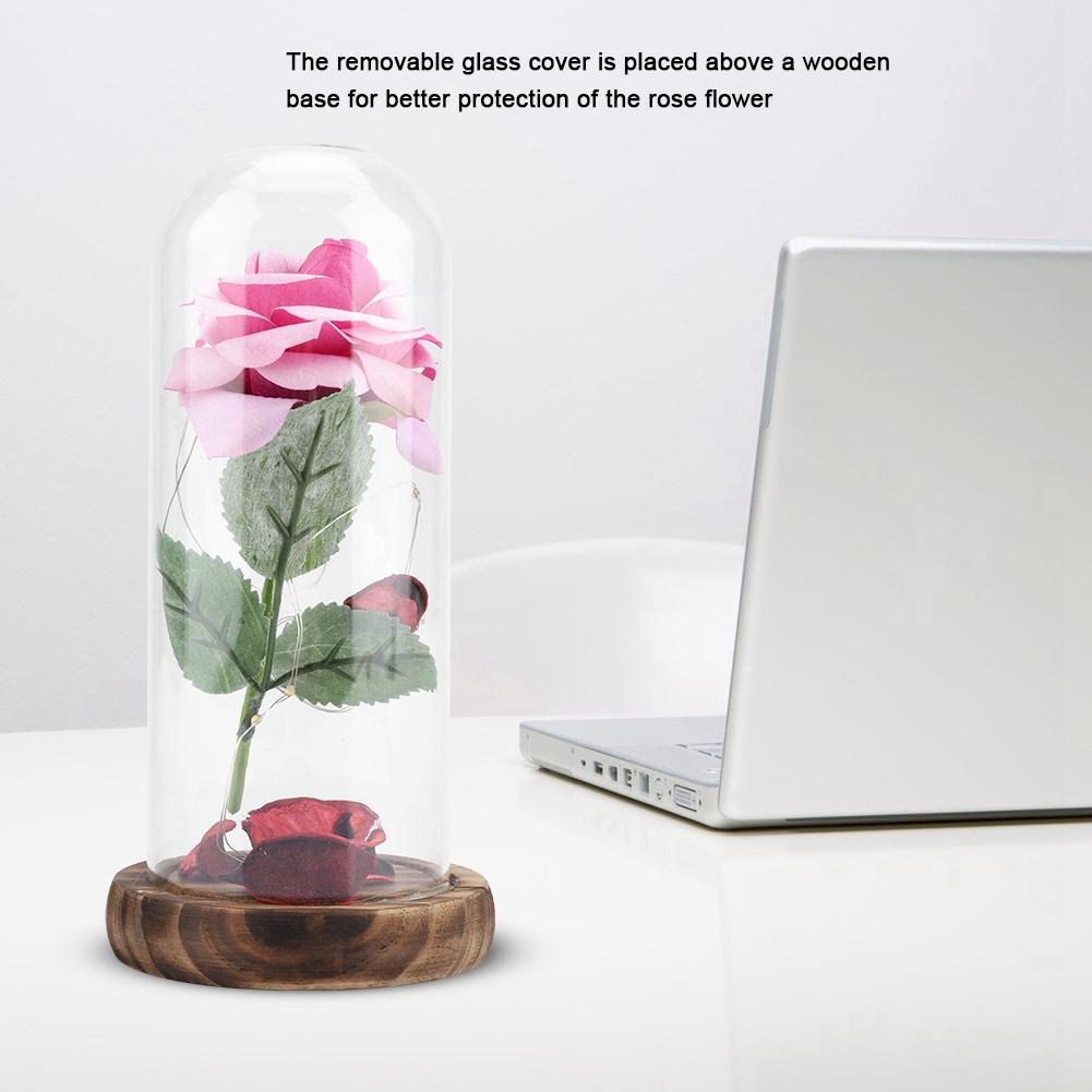 Preserved   Flower LED Light with Glass Cover & Wooden Base Valentines Day Wedding Gift Red
