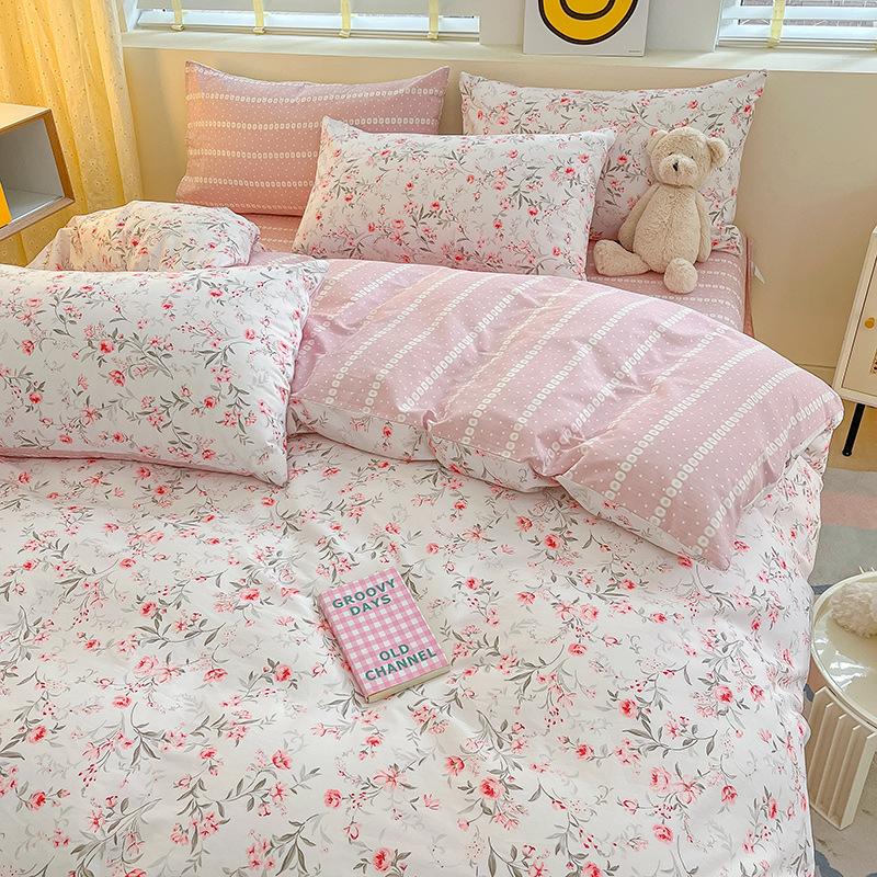 Juego de cuatro piezas de algodón puro de 60 hilos, cama gruesa de algodón puro, juego de tres piezas, algodón de fibra larga, funda de edredón pequeña y fresca, sábana ajustable