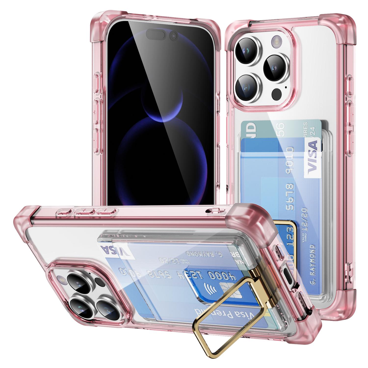 

For iPhone 16 Pro Case Reinforced Corners TPU+Acrylic Phone Cover with Kickstand Card Holder Transparent Pink
