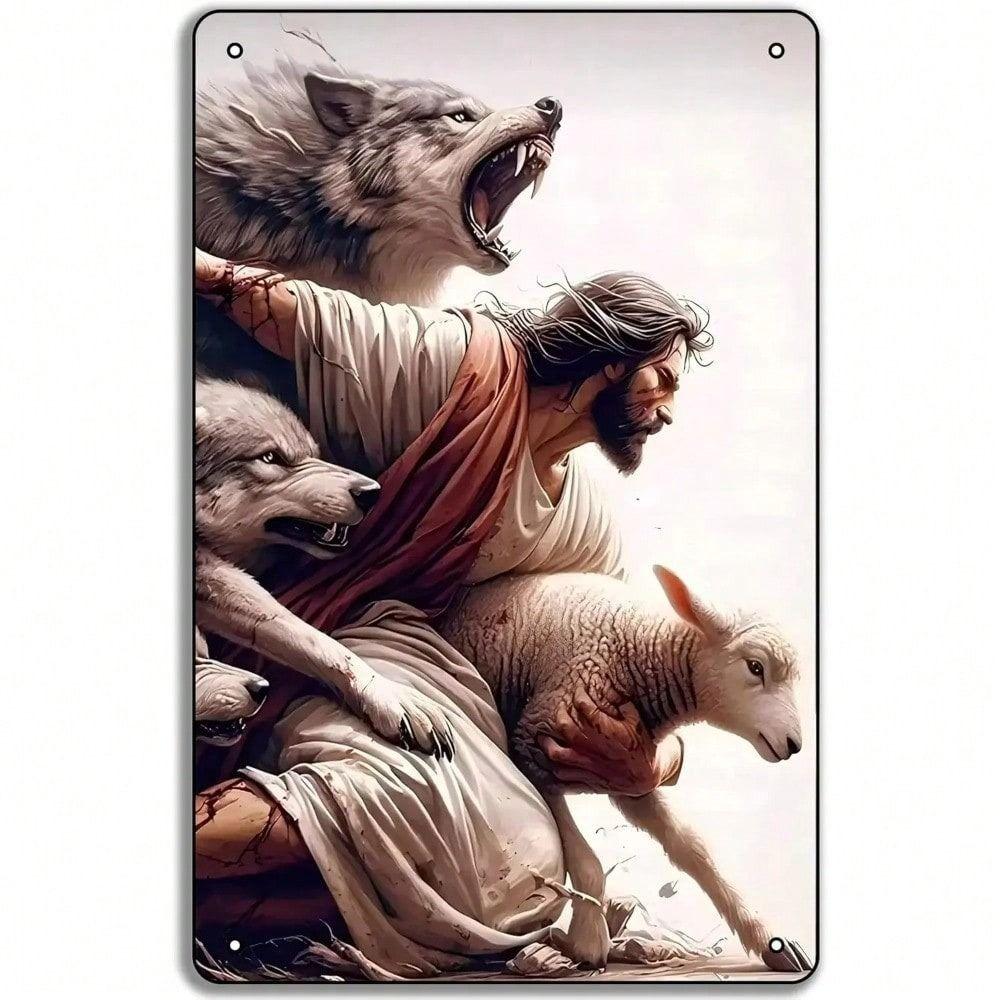 Vintage Religious Tin Sign Jesus Protects Lamb Metal Poster Wall Art 8x12 Inch