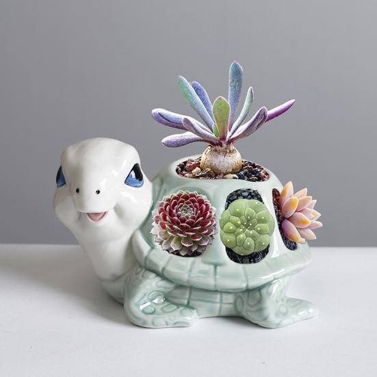Turtle Succulents Planter Ceramic Turtle Shaped Flower Pot Hollow Turtle Plant Pot with Drainage Hole for Herbs Succulents Cactus
