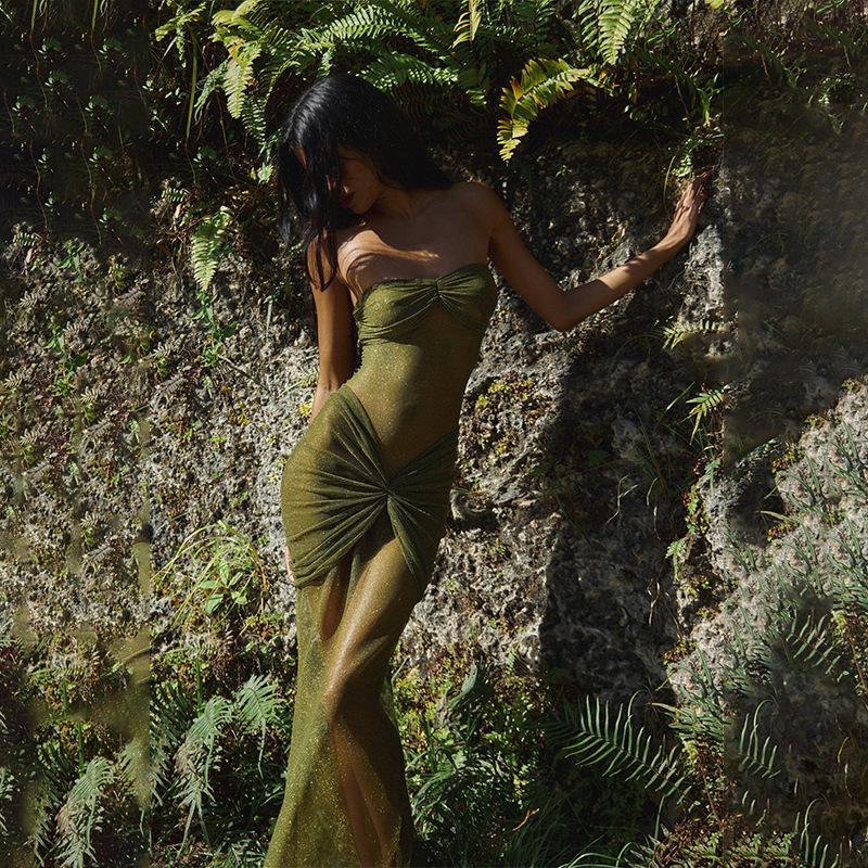 2023 Winter Women's Sexy Bandeau Fishtail Dress - European & American Style, Micro-Transparent Design