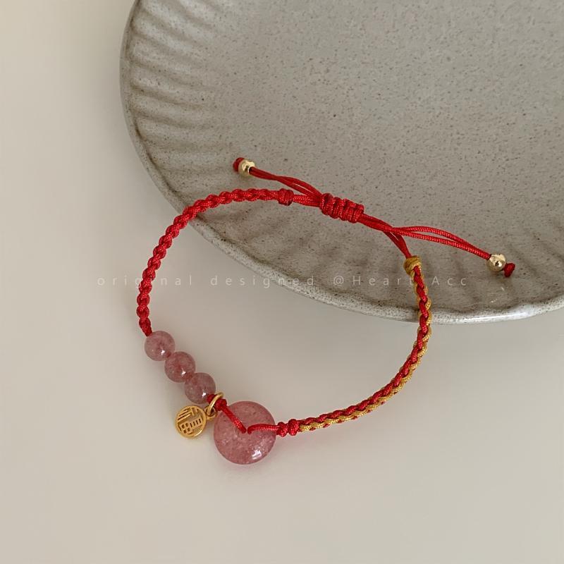 Strawberry Crystal Love & Peace Woven Bracelet - Women's Niche Design, Celebrity Couple Style