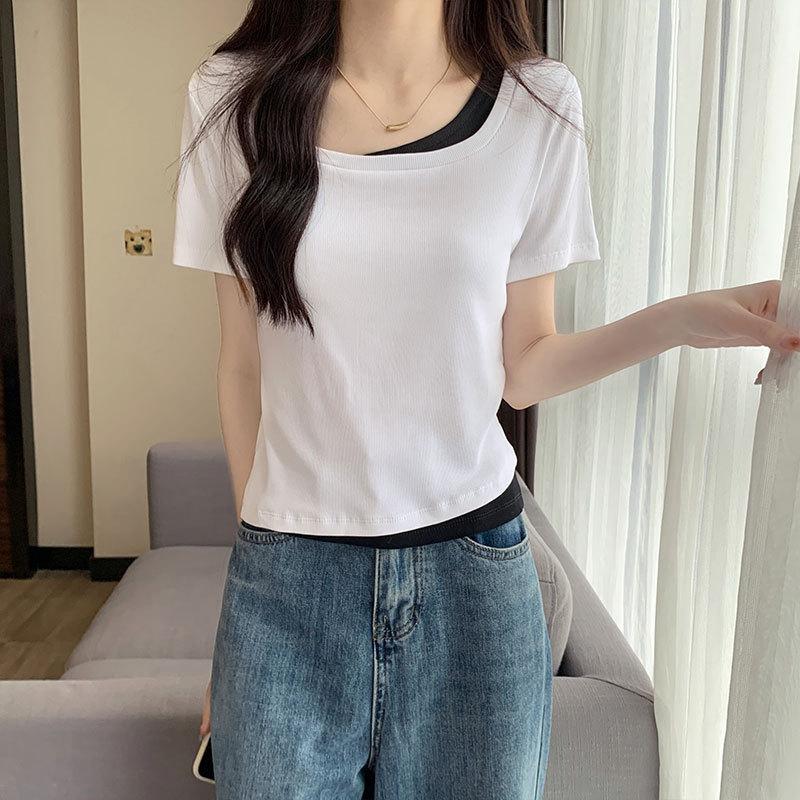 Quadratischer Ausschnitt kurzärmeliges T-Shirt für Damen Sommer neuer Stil rechte Schulter Nische kurz halbärmelig farblich passend Slim-Fit Design Top