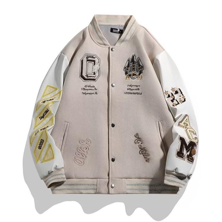 Tide Brand AC Milan Embroidered Leather-Sleeve Versatile Baseball Jacket