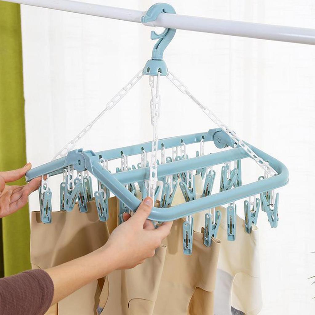 Foldable Drip Hanger with 32 Clips - Plastic Hanging Drying Rack for Clothes Underwear Socks  Swivel Wind-Proof Clothes Hanger