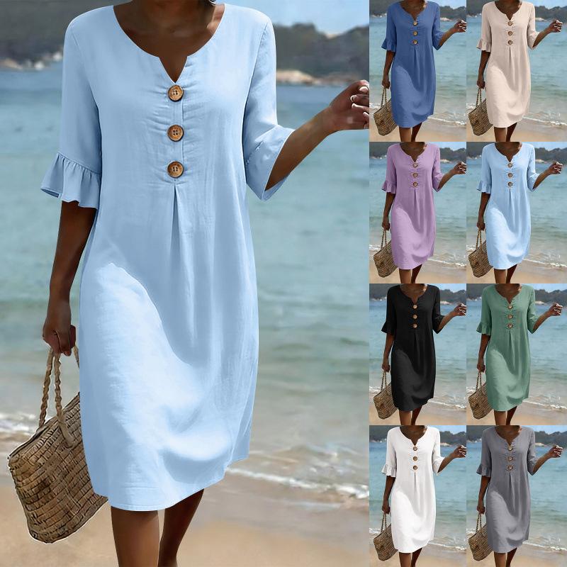 Robe décontractée d'été unie à boutons et manches courtes pour femmes