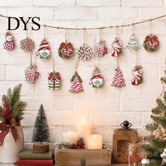Handmade Wooden Ornaments for Holidays 12/24/36 Pcs Christmas Set, Red Green Striped Candy Cane Tree Country Style Decorations, Xmas Hanging