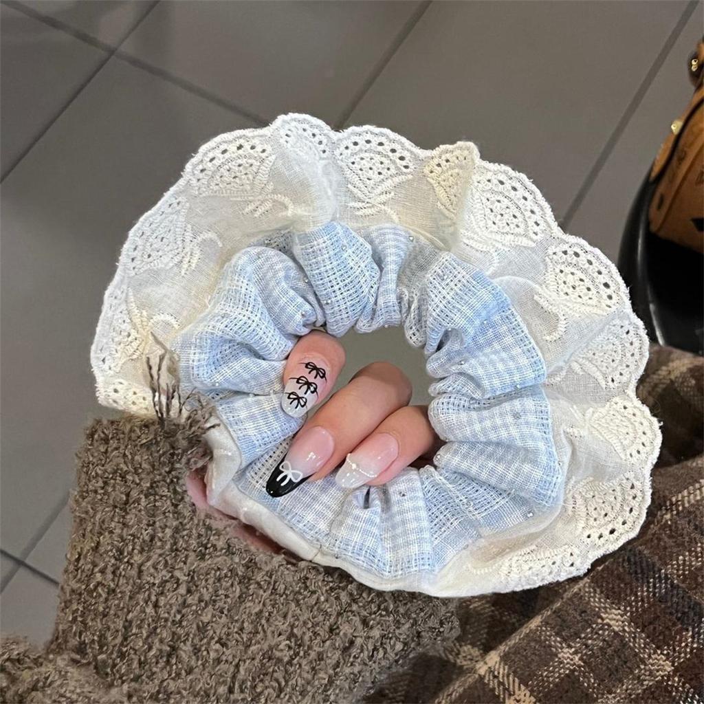 Damen Französischer Retro Doppellagiger Karomuster Spitze Großer Scrunchie Haargummi Pferdeschwanz Haargummi