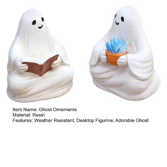 2 Pcs Sitting Ghost Ornaments Reading Holding Potted Plant Statue Figurine Resin Ghost Halloween Decor