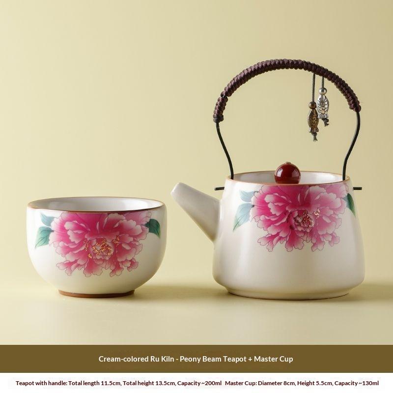 

Beige Tea Infuser Ru Kiln Ceramic Pot Peony Handle Teapot 1 Pot 1 Cup Single Gongfu Tea Set for Home Office Picnic Outdoor Use
