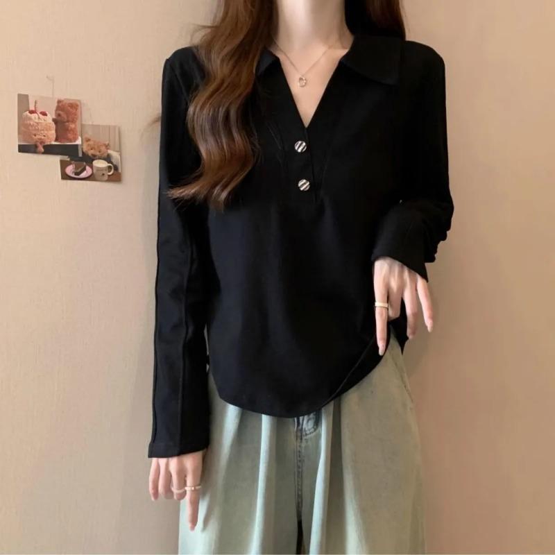

Women s Black Polo Collar V Neck Long Sleeve Top with Asymmetric Hem M чёрный