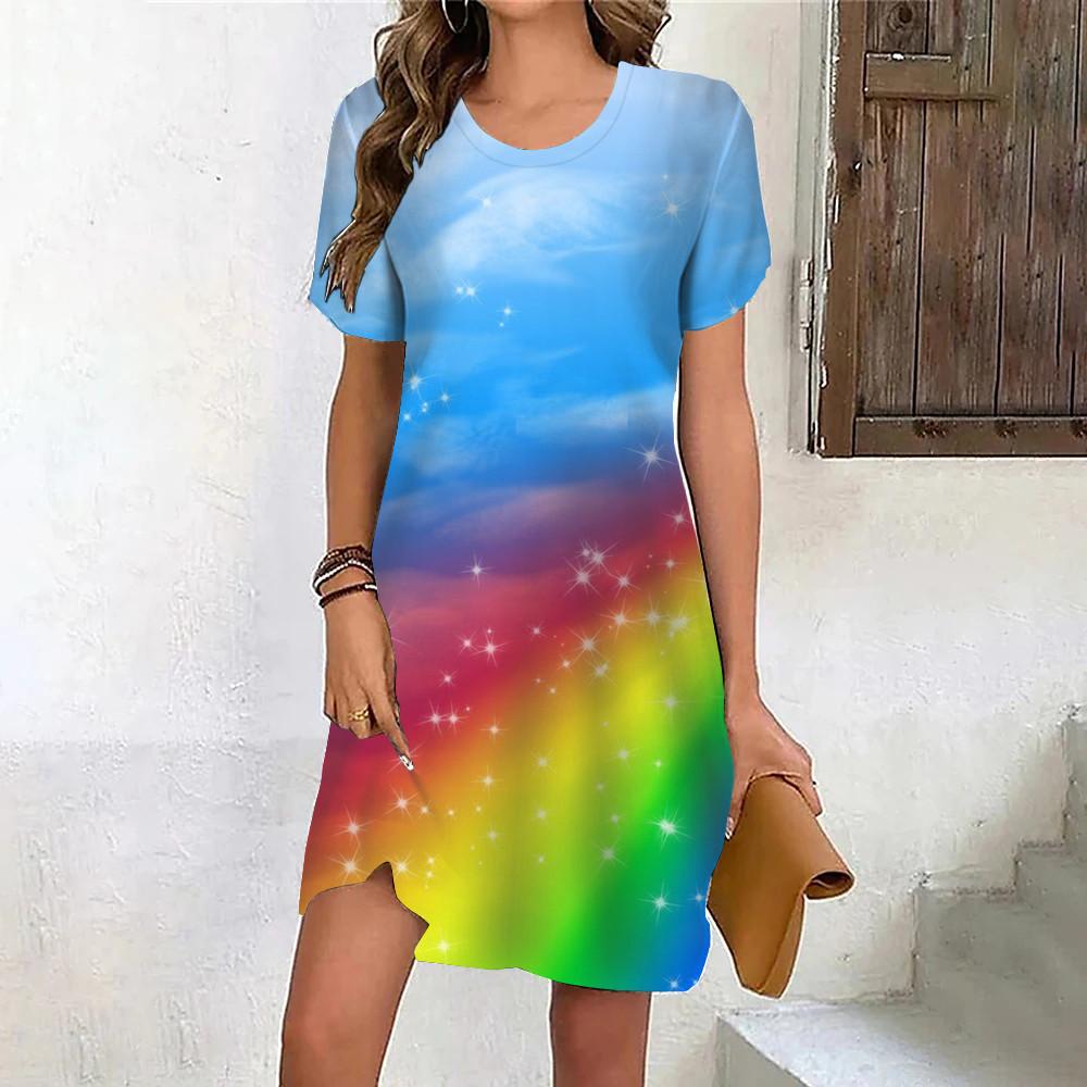 Rainbow Gradient 3D Print Women s Dress Summer Casual Sweet Short Sleeve Dress Fashion Streetwear Round Neck Ladies Dresses S
