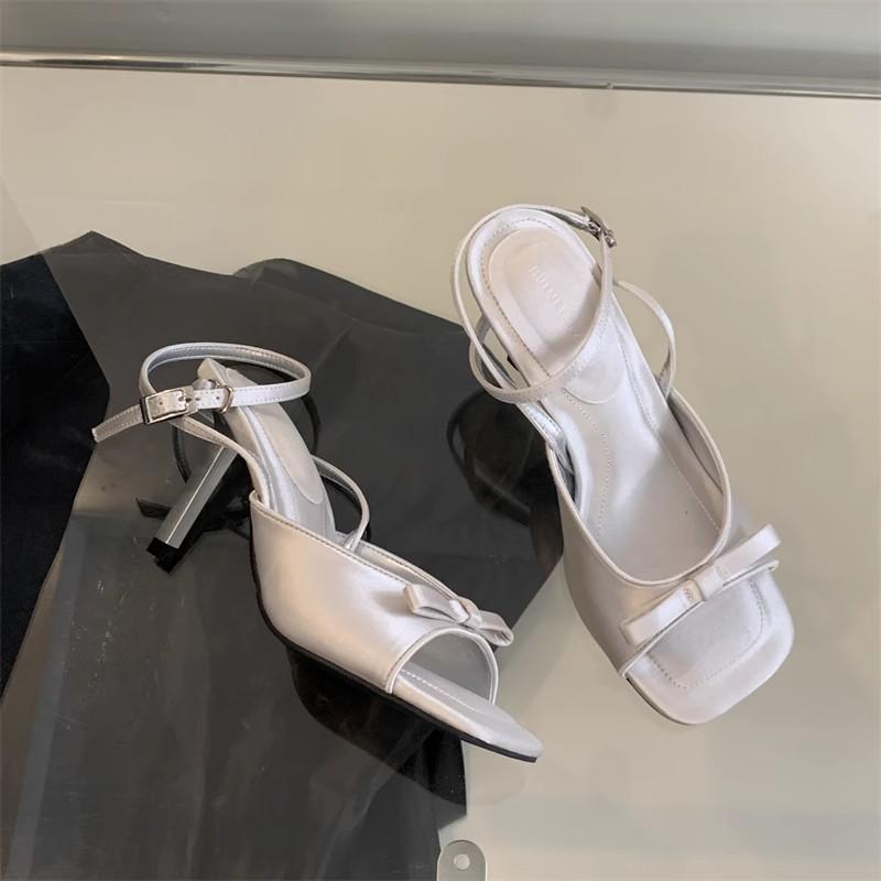 High heels satin open-toed bow with empty sandals women's summer stiletto with skirt cool slippers