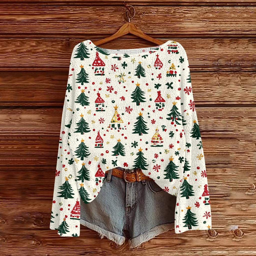 Women's Fashion Christmas Print Lightweight Sweater Casual Long-Sleeve Knit Pullover Top